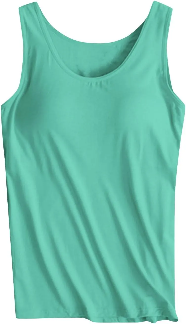 Womens Camisoles with Built in Bra Padded Basic Solid Summer Casual Cotton Cami Tops Yoga Workout Seamless Shirts