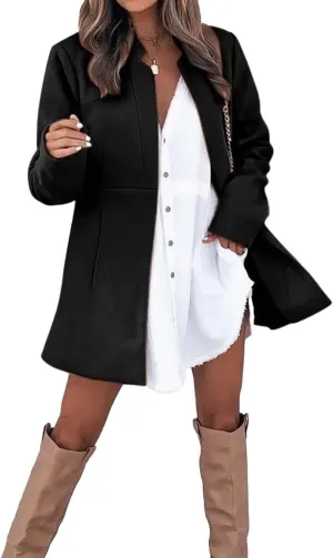 Womens Casual Wool Blend Trench Coat Winter Solid Notch Open Front Pea Coat Formal Office Outwear with Pocket