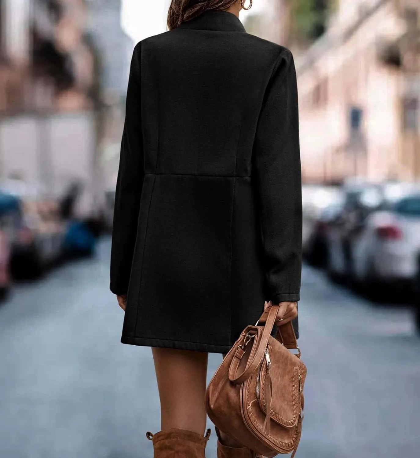 Womens Casual Wool Blend Trench Coat Winter Solid Notch Open Front Pea Coat Formal Office Outwear with Pocket