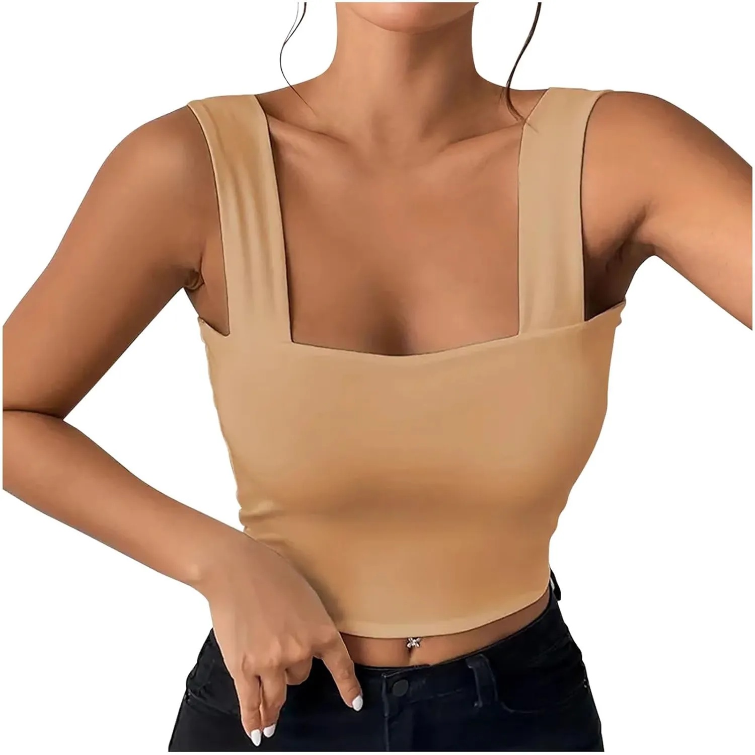 Women's Crop Tank Tops Slim Fit Yoga Sport Bra Stretchy Square Neck Backless Shirt Summer Cool Breathable Camisole