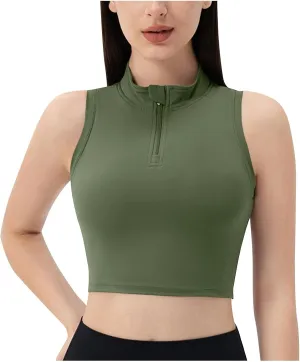 Womens Crop Tops with Removable Bra Front Half Zip Stand Collar Tank Slim Fit Sleeveless Shirt Gym Yoga Golf Clothes