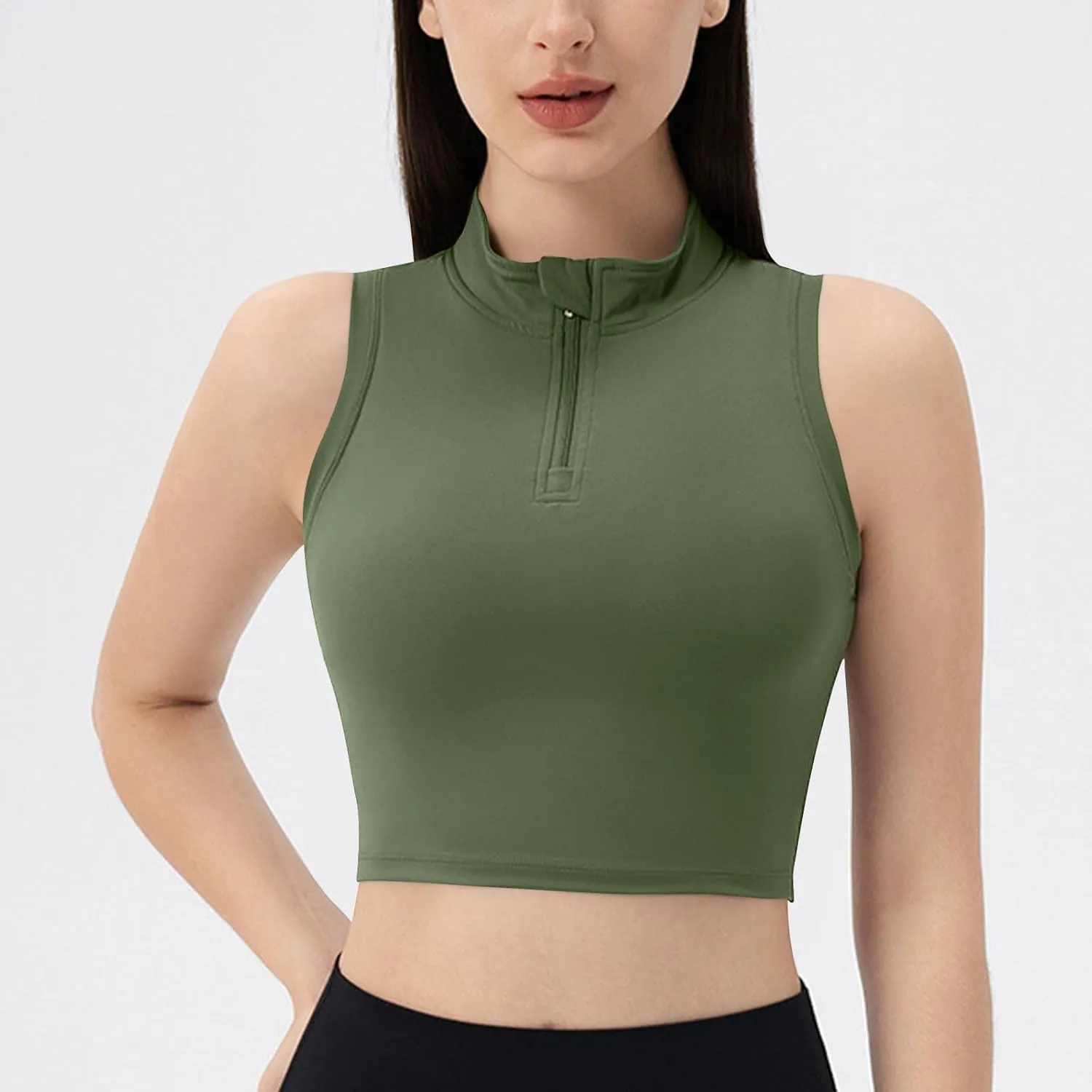 Womens Crop Tops with Removable Bra Front Half Zip Stand Collar Tank Slim Fit Sleeveless Shirt Gym Yoga Golf Clothes
