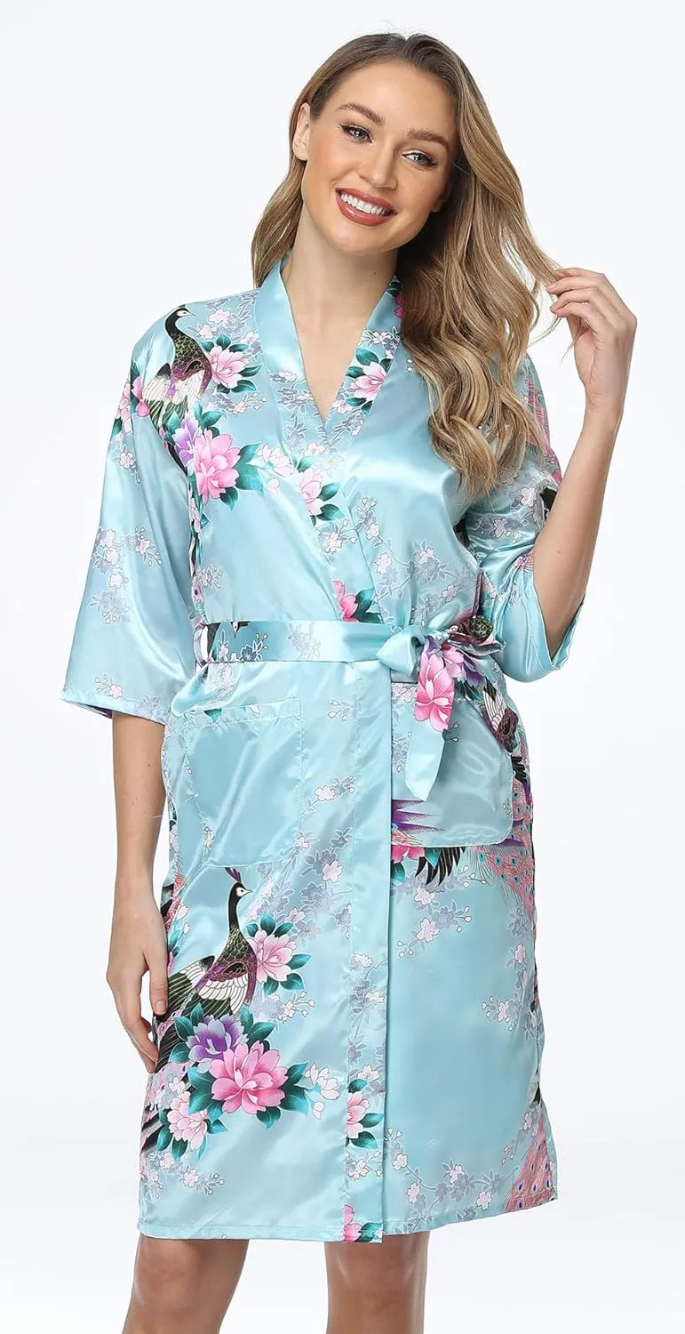 Women's Floral Satin Kimono Robe and Nightgown Set with Camisole 2 Piece Sleepwear Peacock Bathrobe