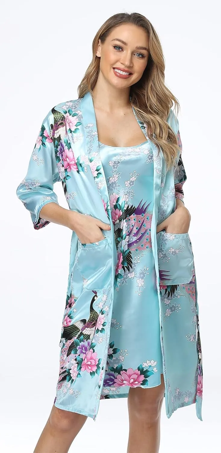 Women's Floral Satin Kimono Robe and Nightgown Set with Camisole 2 Piece Sleepwear Peacock Bathrobe