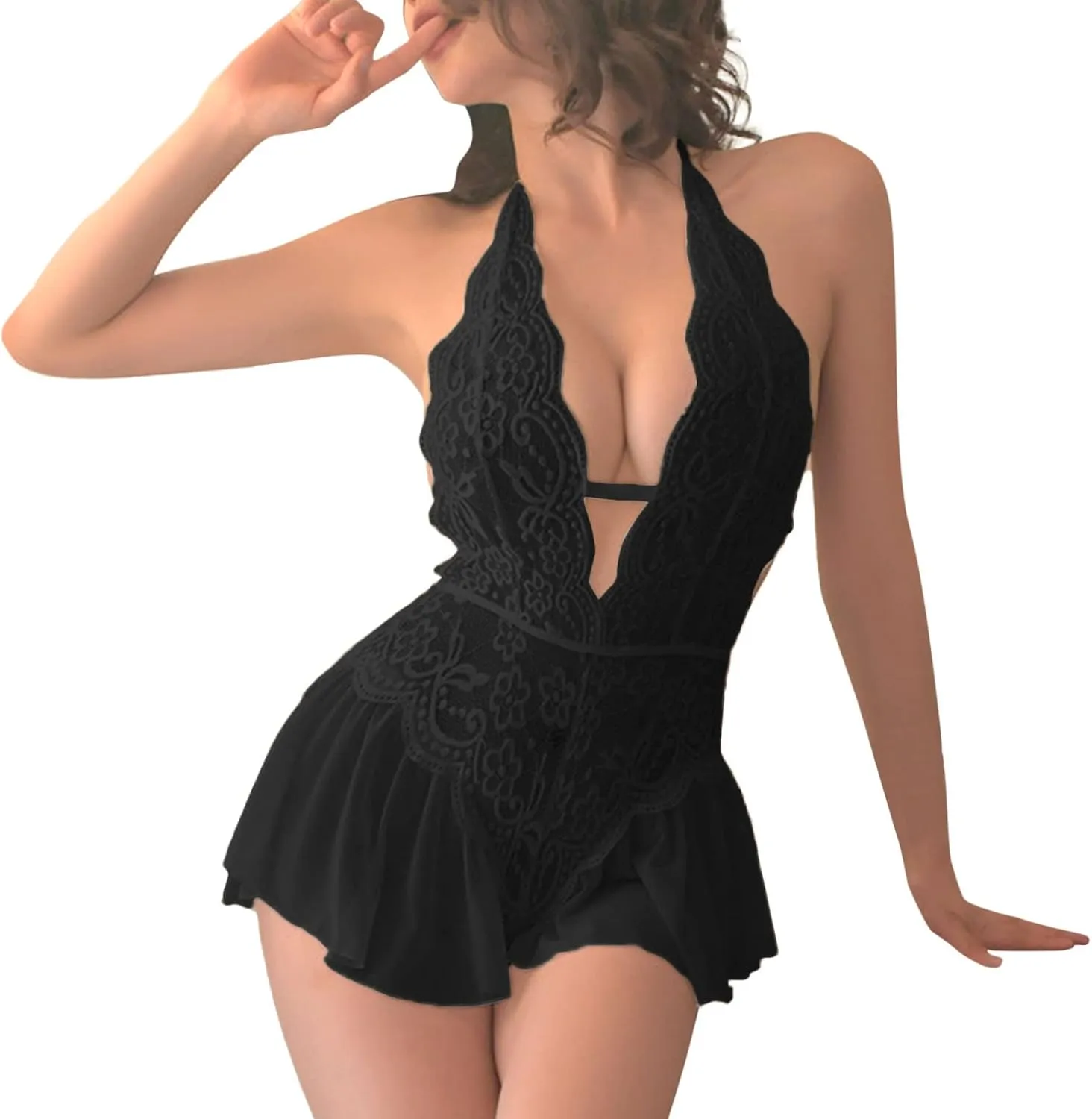 Womens Lingerie Lace Bodysuit Teddy Deep V One Piece Lace Snap Crotch Babydoll Sexy Halter Nightgown