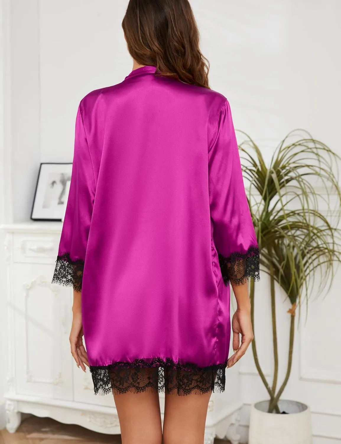 Womens Lingeries Silk Pajamas Robes Set 4 Pcs Sexy Pjs Cami Shorts Satin Sleepwear Lace Loungewear