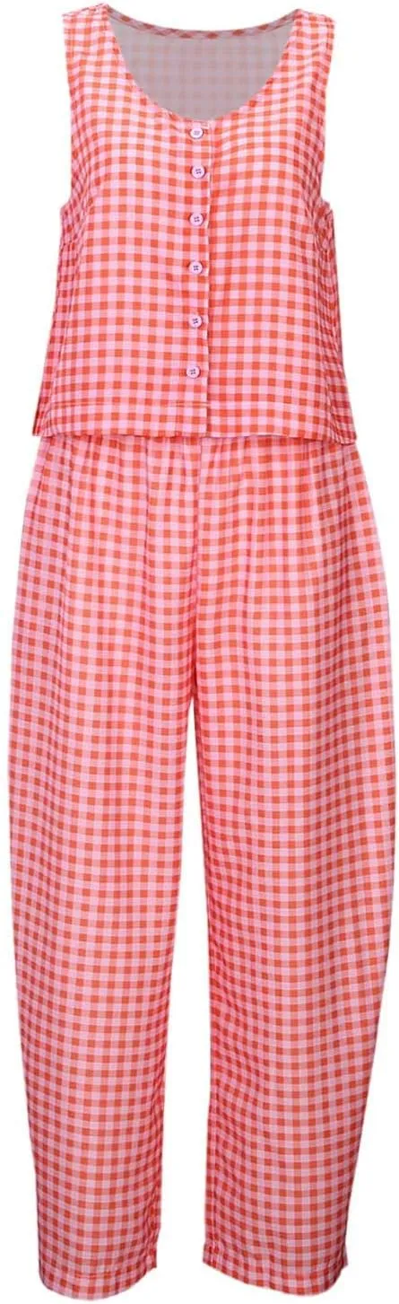 Womens Plaid 2 Pieces Lounge Pants Sets Y2K Sleeveless Gingham Crop Tank Top Outfits Baggy Wide Leg Barrel Loungewear Suits