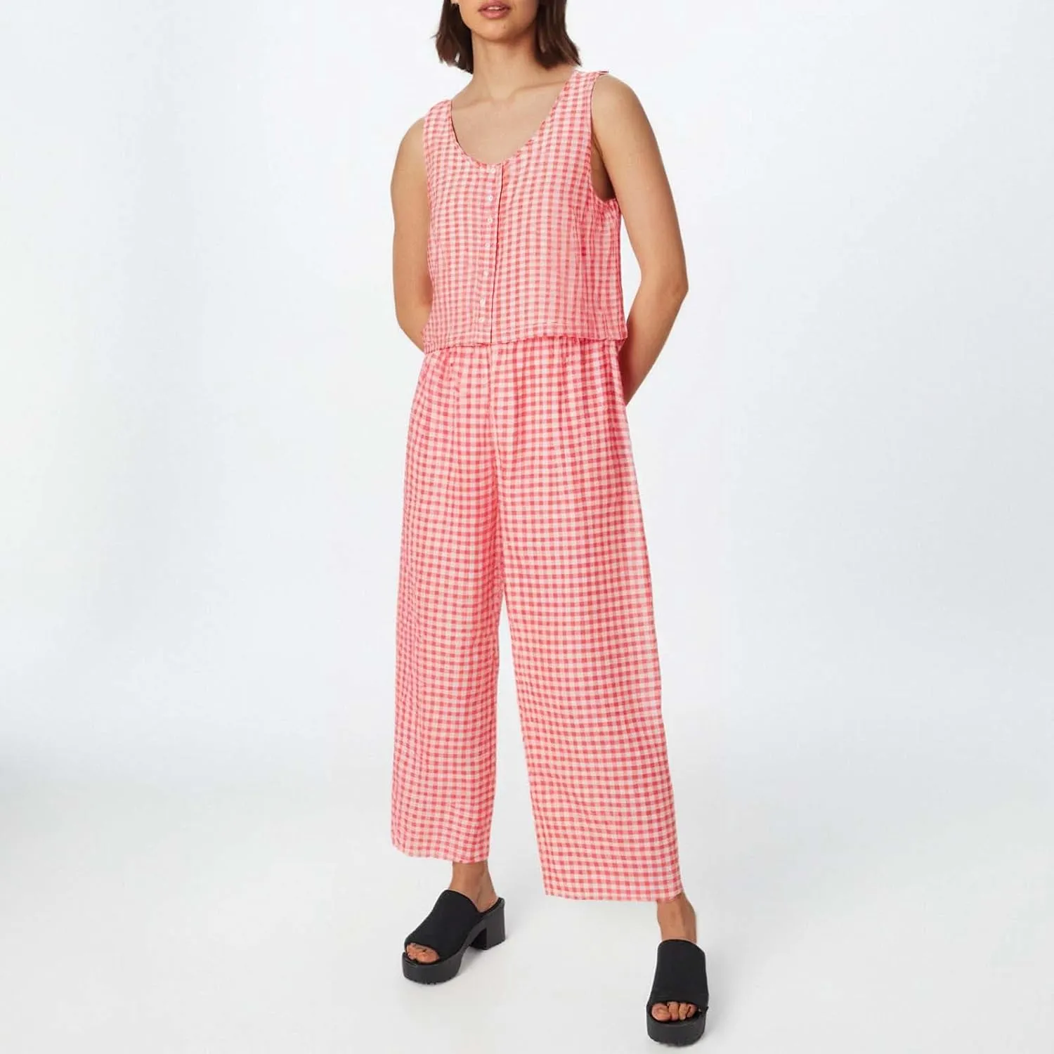 Womens Plaid 2 Pieces Lounge Pants Sets Y2K Sleeveless Gingham Crop Tank Top Outfits Baggy Wide Leg Barrel Loungewear Suits