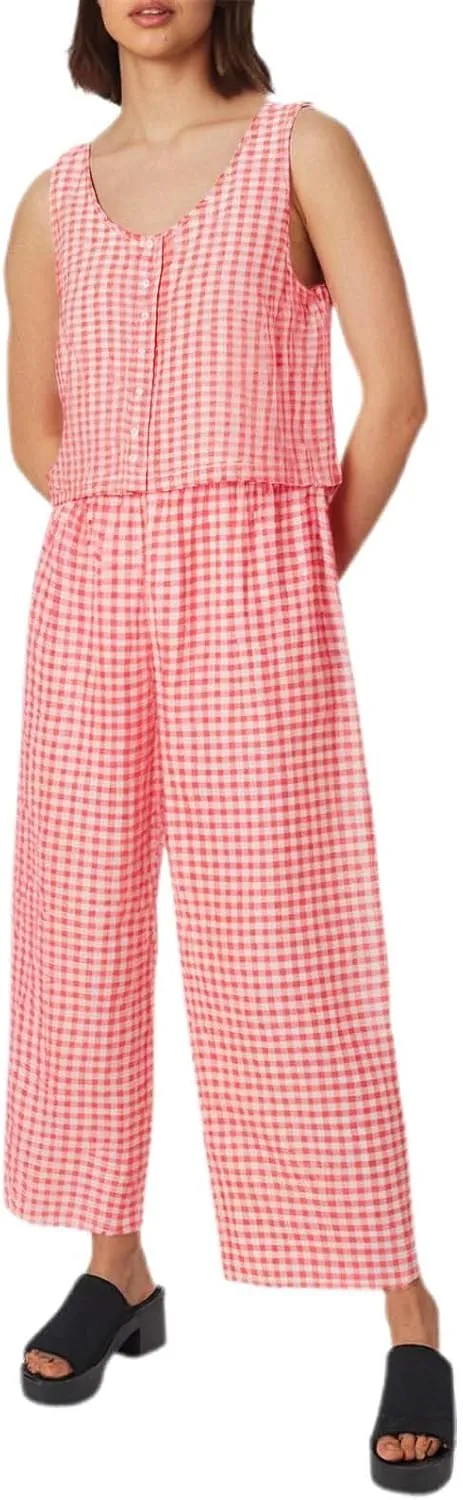 Womens Plaid 2 Pieces Lounge Pants Sets Y2K Sleeveless Gingham Crop Tank Top Outfits Baggy Wide Leg Barrel Loungewear Suits