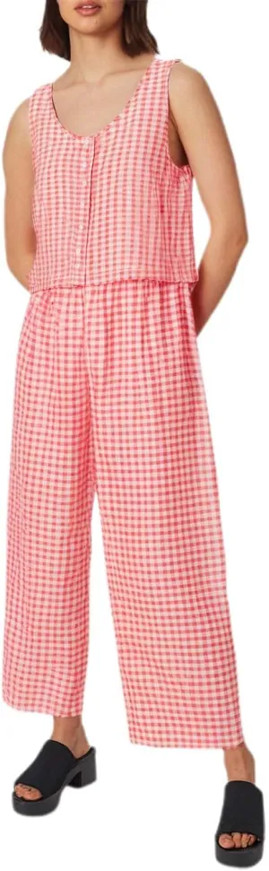 Womens Plaid 2 Pieces Lounge Pants Sets Y2K Sleeveless Gingham Crop Tank Top Outfits Baggy Wide Leg Barrel Loungewear Suits