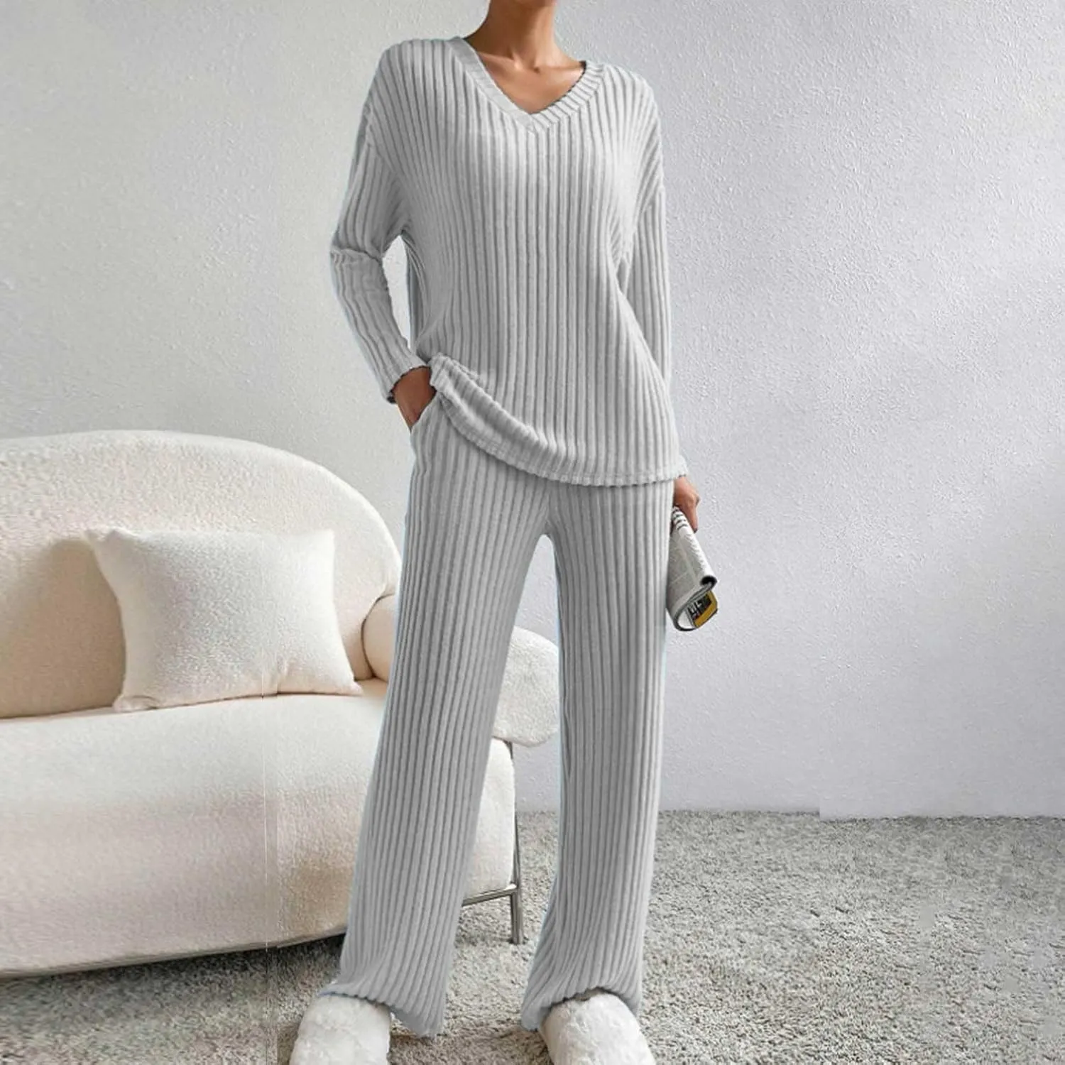 Womens Ribbed Knit Pajama Sets 2 Piece Long Sleeve Top and Long Pants Loungewear Outfits Soft Sleepwear Matching Sets