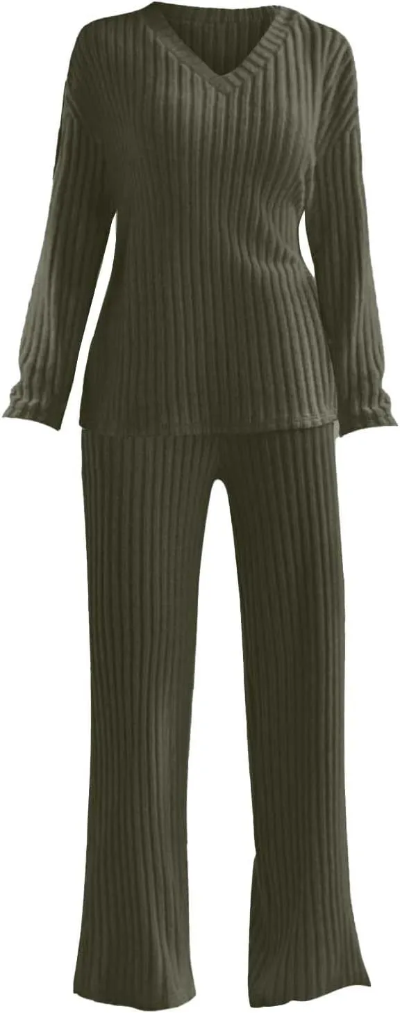 Womens Ribbed Knit Pajama Sets 2 Piece Long Sleeve Top and Long Pants Loungewear Outfits Soft Sleepwear Matching Sets