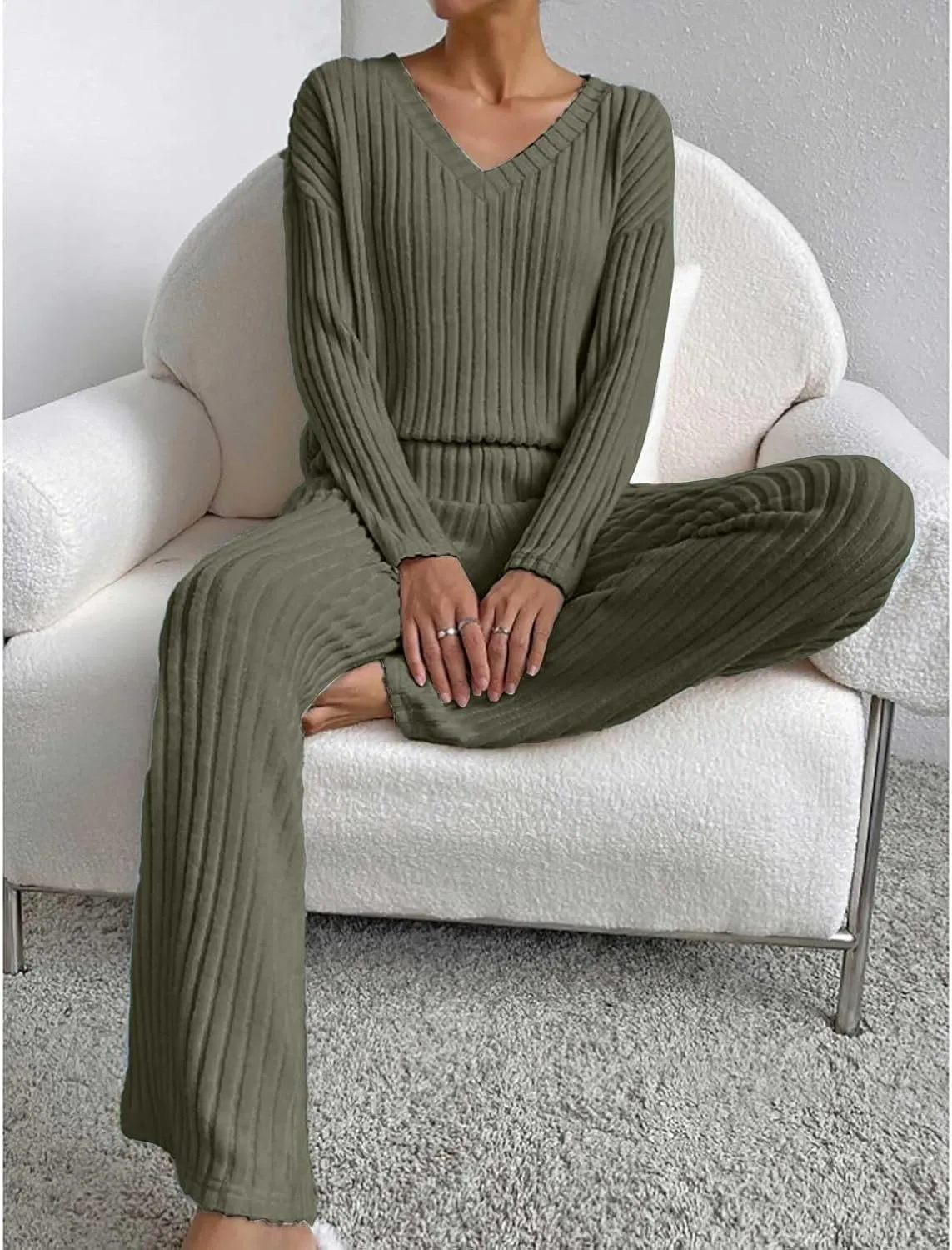 Womens Ribbed Knit Pajama Sets 2 Piece Long Sleeve Top and Long Pants Loungewear Outfits Soft Sleepwear Matching Sets