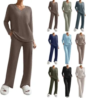 Womens Ribbed Knit Pajama Sets 2 Piece Long Sleeve Top and Long Pants Loungewear Outfits Soft Sleepwear Matching Sets