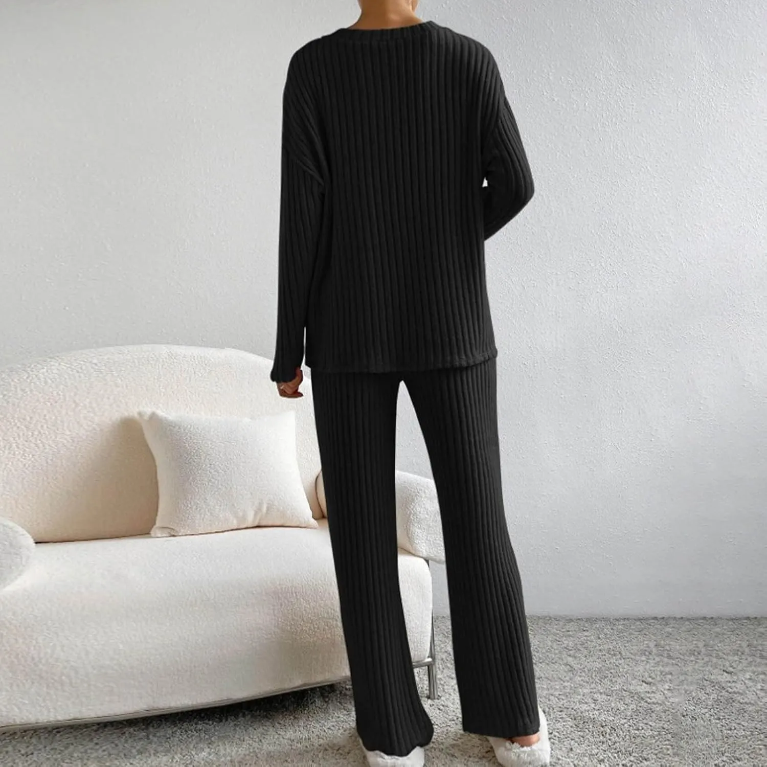 Womens Ribbed Knit Pajama Sets 2 Piece Long Sleeve Top and Long Pants Loungewear Outfits Soft Sleepwear Matching Sets
