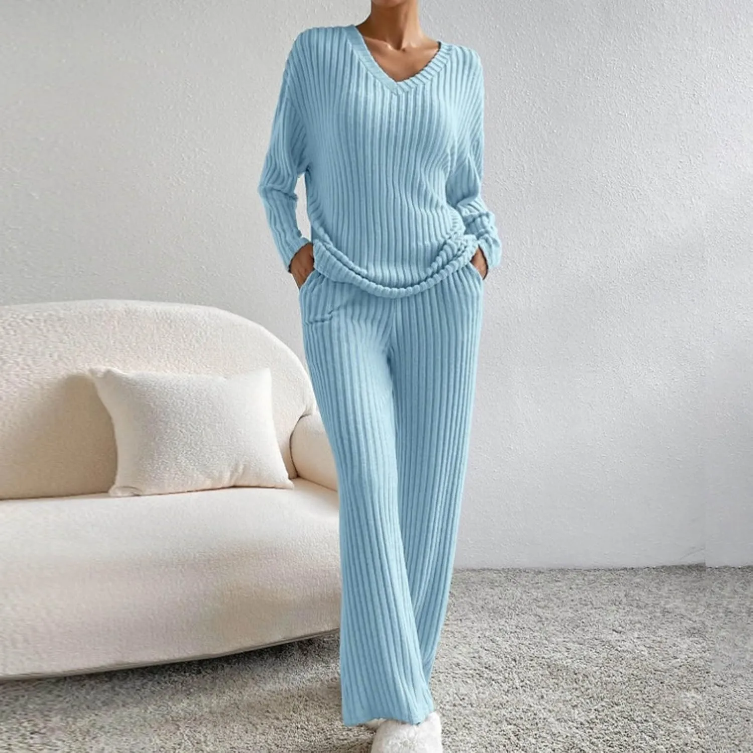 Womens Ribbed Knit Pajama Sets 2 Piece Long Sleeve Top and Long Pants Loungewear Outfits Soft Sleepwear Matching Sets