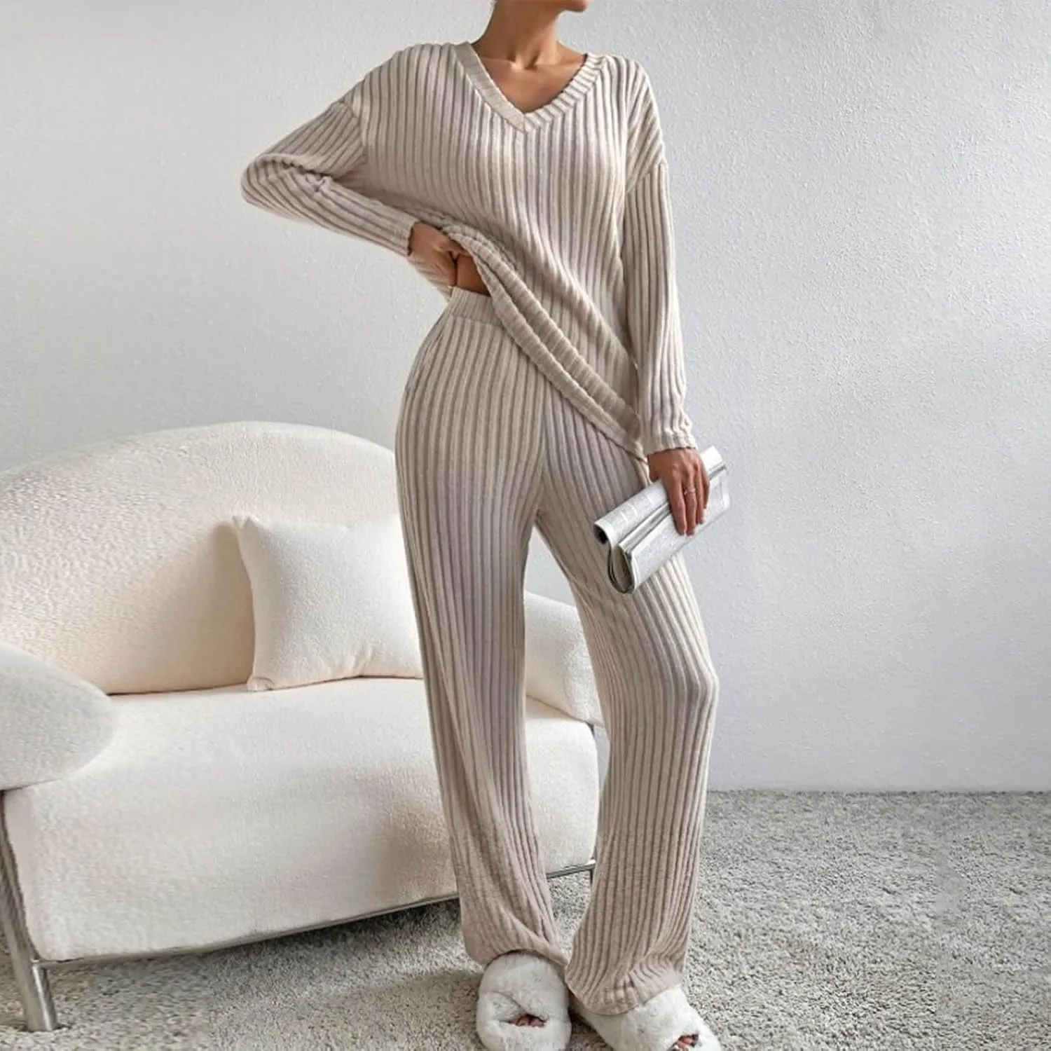 Womens Ribbed Knit Pajama Sets 2 Piece Long Sleeve Top and Long Pants Loungewear Outfits Soft Sleepwear Matching Sets