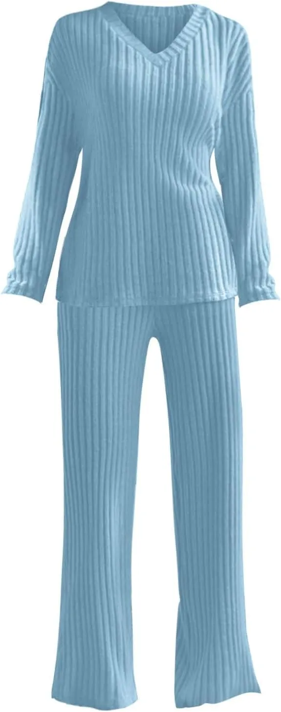 Womens Ribbed Knit Pajama Sets 2 Piece Long Sleeve Top and Long Pants Loungewear Outfits Soft Sleepwear Matching Sets