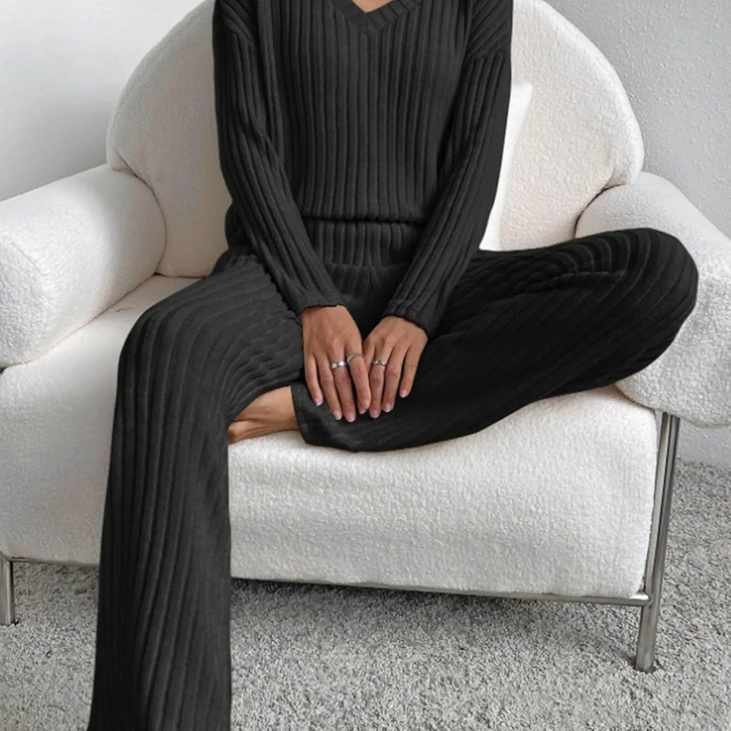 Womens Ribbed Knit Pajama Sets 2 Piece Long Sleeve Top and Long Pants Loungewear Outfits Soft Sleepwear Matching Sets