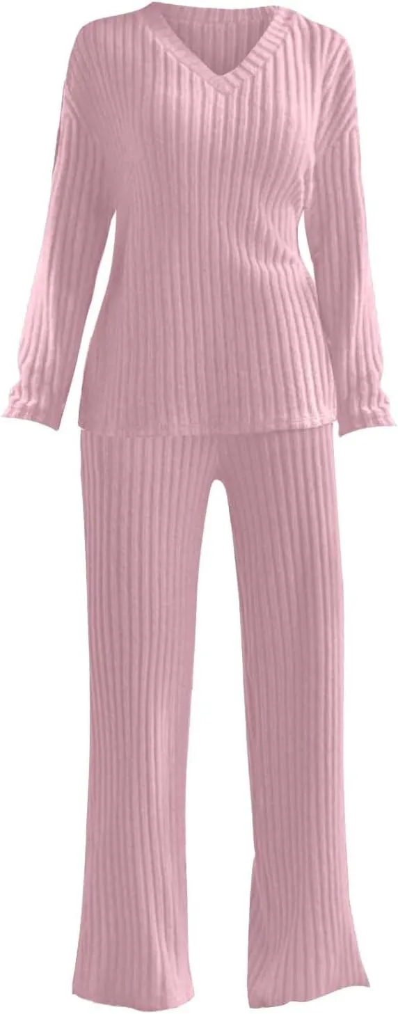 Womens Ribbed Knit Pajama Sets 2 Piece Long Sleeve Top and Long Pants Loungewear Outfits Soft Sleepwear Matching Sets