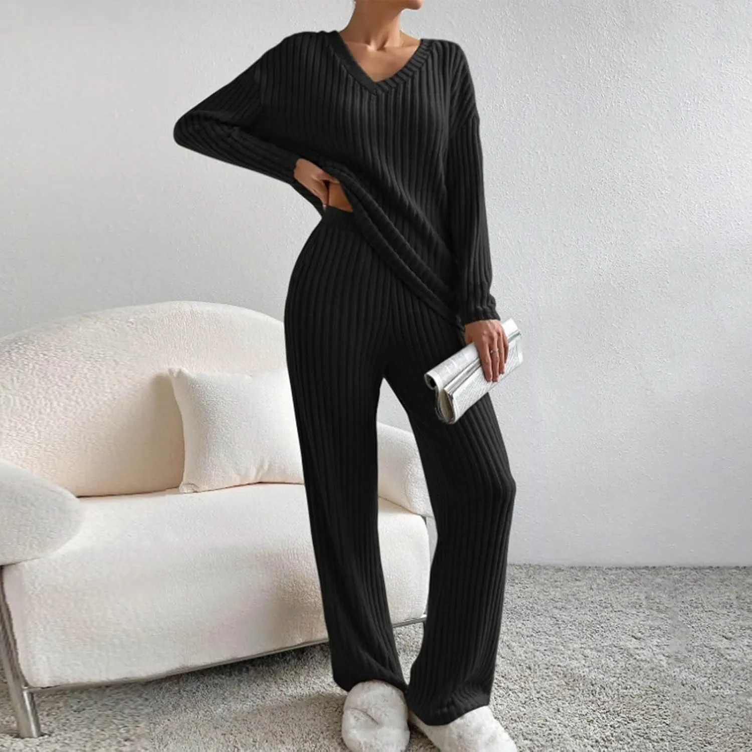 Womens Ribbed Knit Pajama Sets 2 Piece Long Sleeve Top and Long Pants Loungewear Outfits Soft Sleepwear Matching Sets