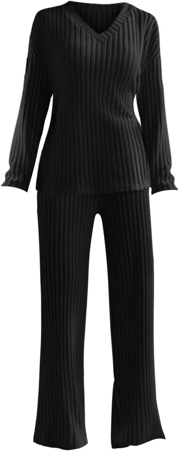 Womens Ribbed Knit Pajama Sets 2 Piece Long Sleeve Top and Long Pants Loungewear Outfits Soft Sleepwear Matching Sets