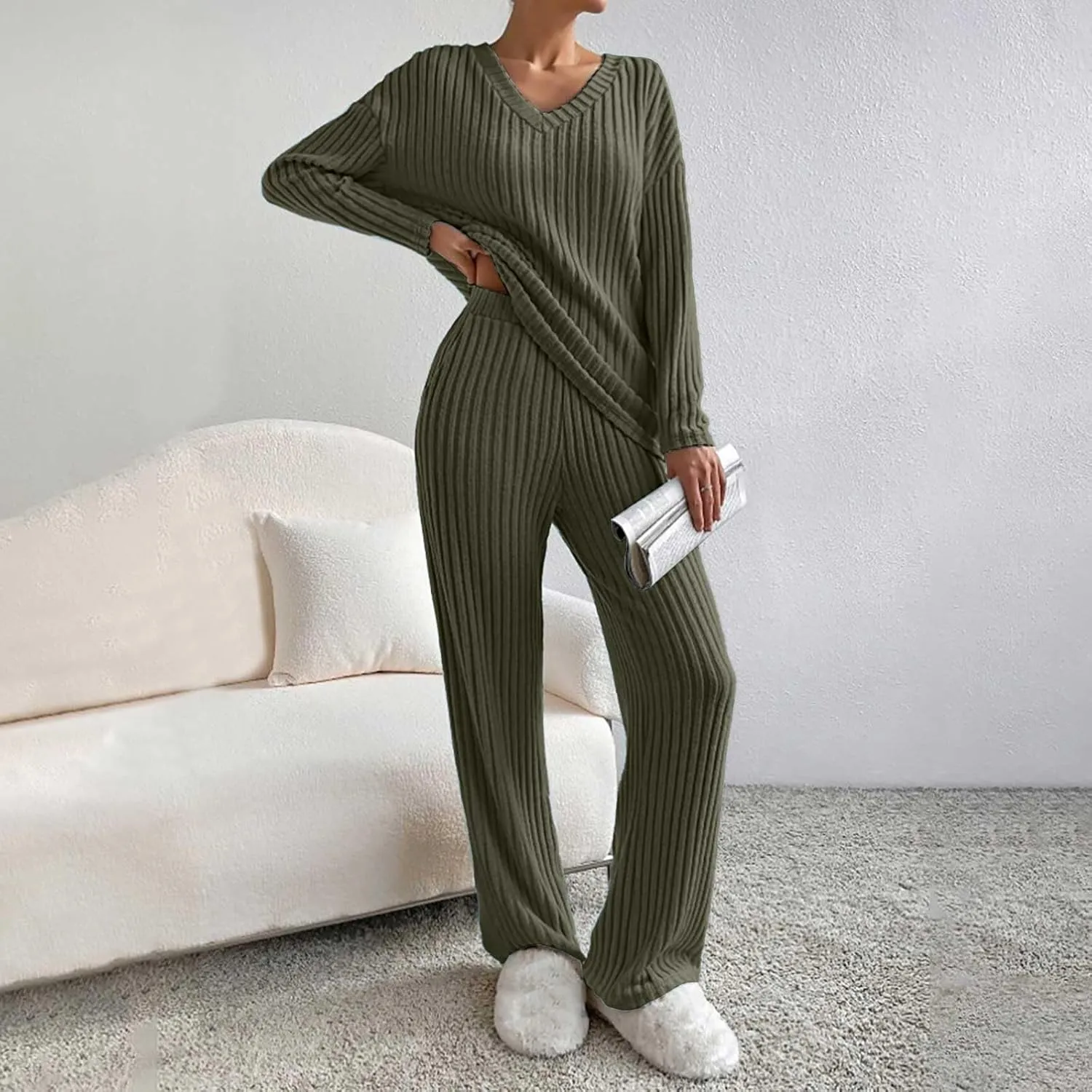 Womens Ribbed Knit Pajama Sets 2 Piece Long Sleeve Top and Long Pants Loungewear Outfits Soft Sleepwear Matching Sets
