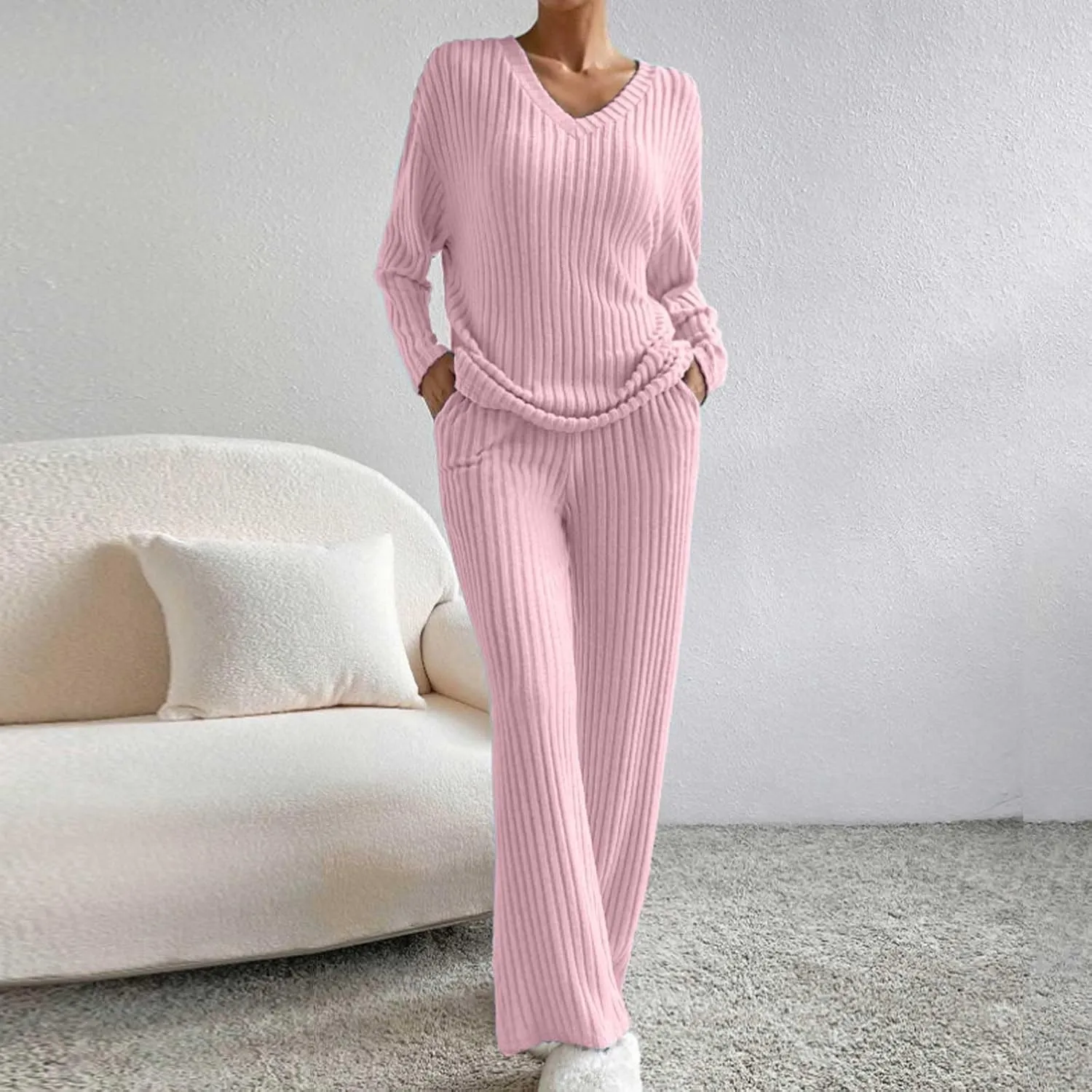 Womens Ribbed Knit Pajama Sets 2 Piece Long Sleeve Top and Long Pants Loungewear Outfits Soft Sleepwear Matching Sets