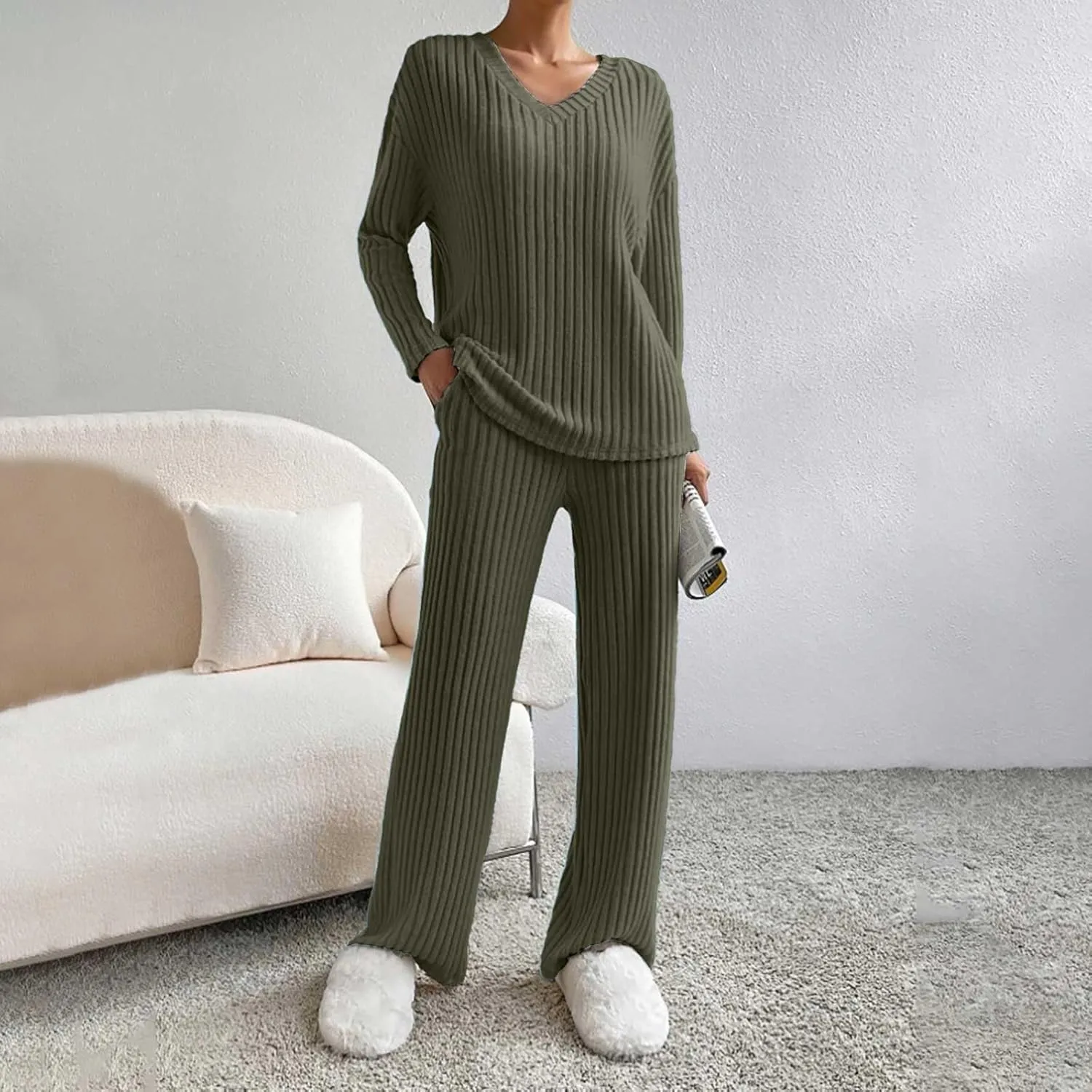 Womens Ribbed Knit Pajama Sets 2 Piece Long Sleeve Top and Long Pants Loungewear Outfits Soft Sleepwear Matching Sets
