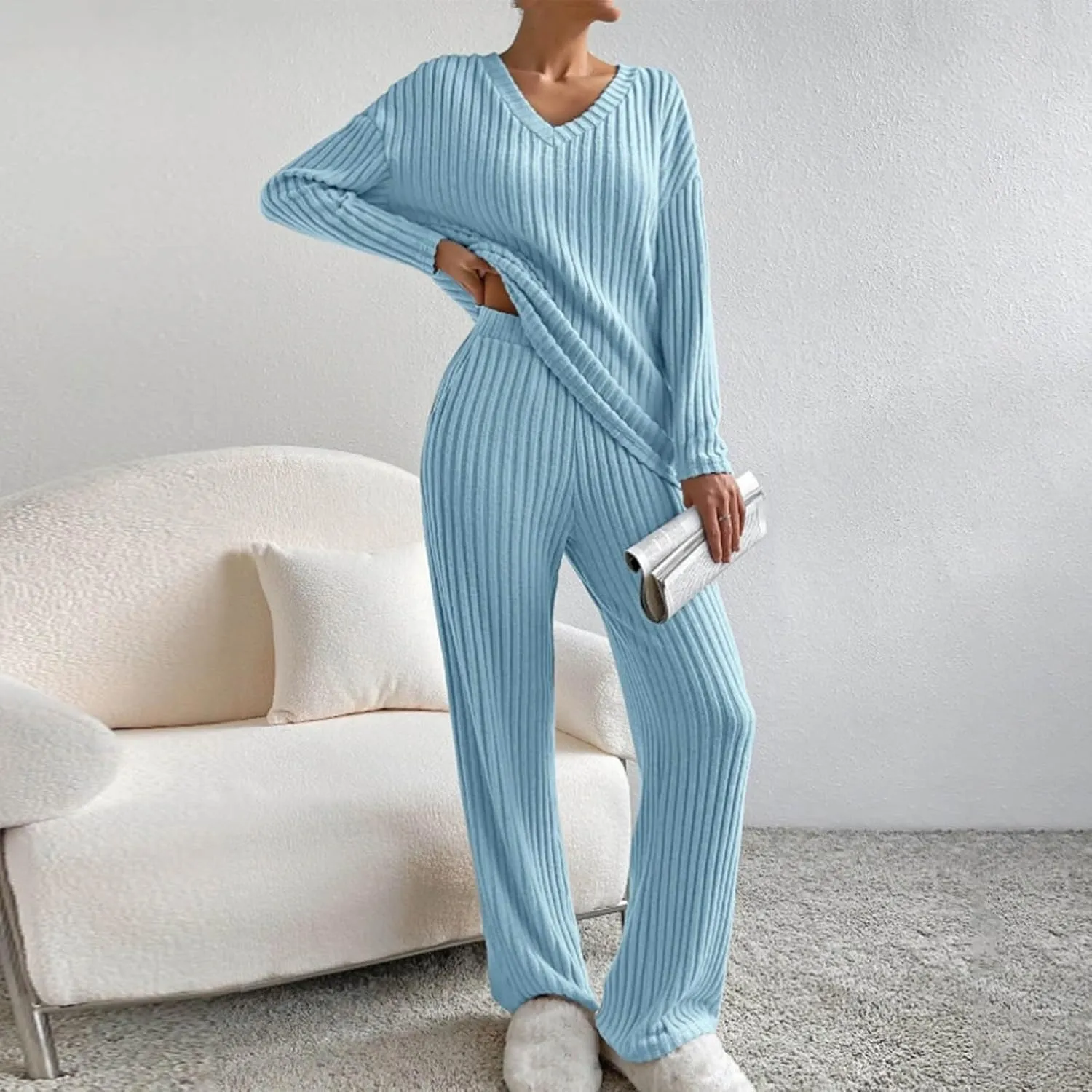 Womens Ribbed Knit Pajama Sets 2 Piece Long Sleeve Top and Long Pants Loungewear Outfits Soft Sleepwear Matching Sets