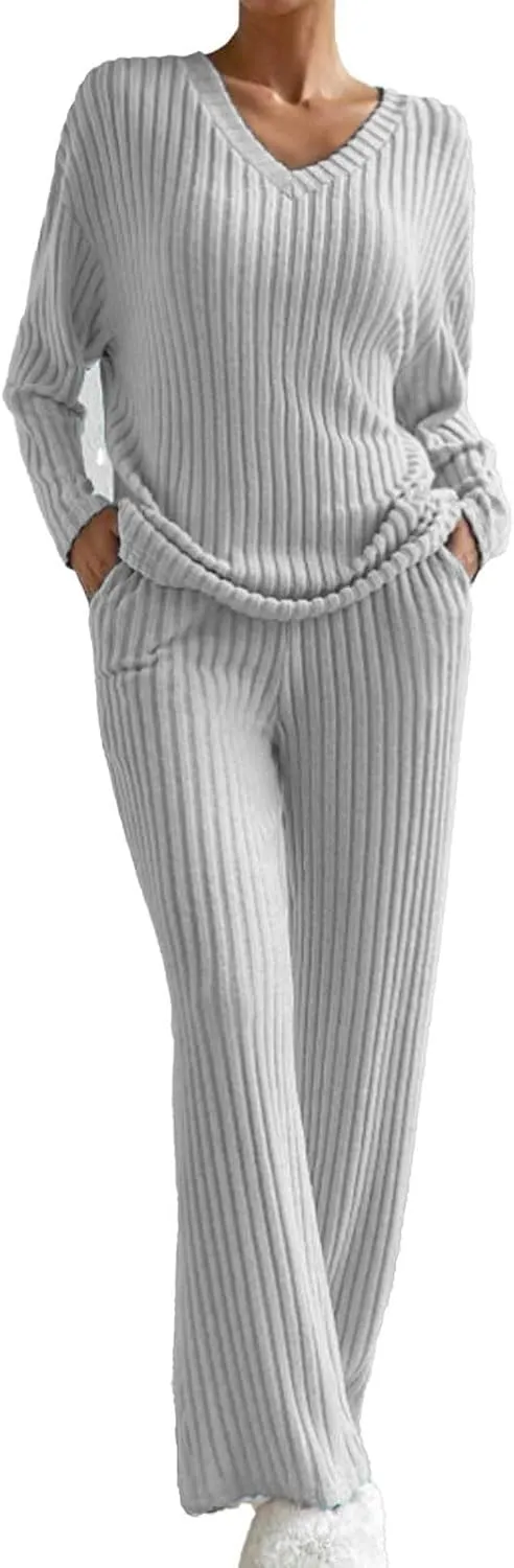 Womens Ribbed Knit Pajama Sets 2 Piece Long Sleeve Top and Long Pants Loungewear Outfits Soft Sleepwear Matching Sets