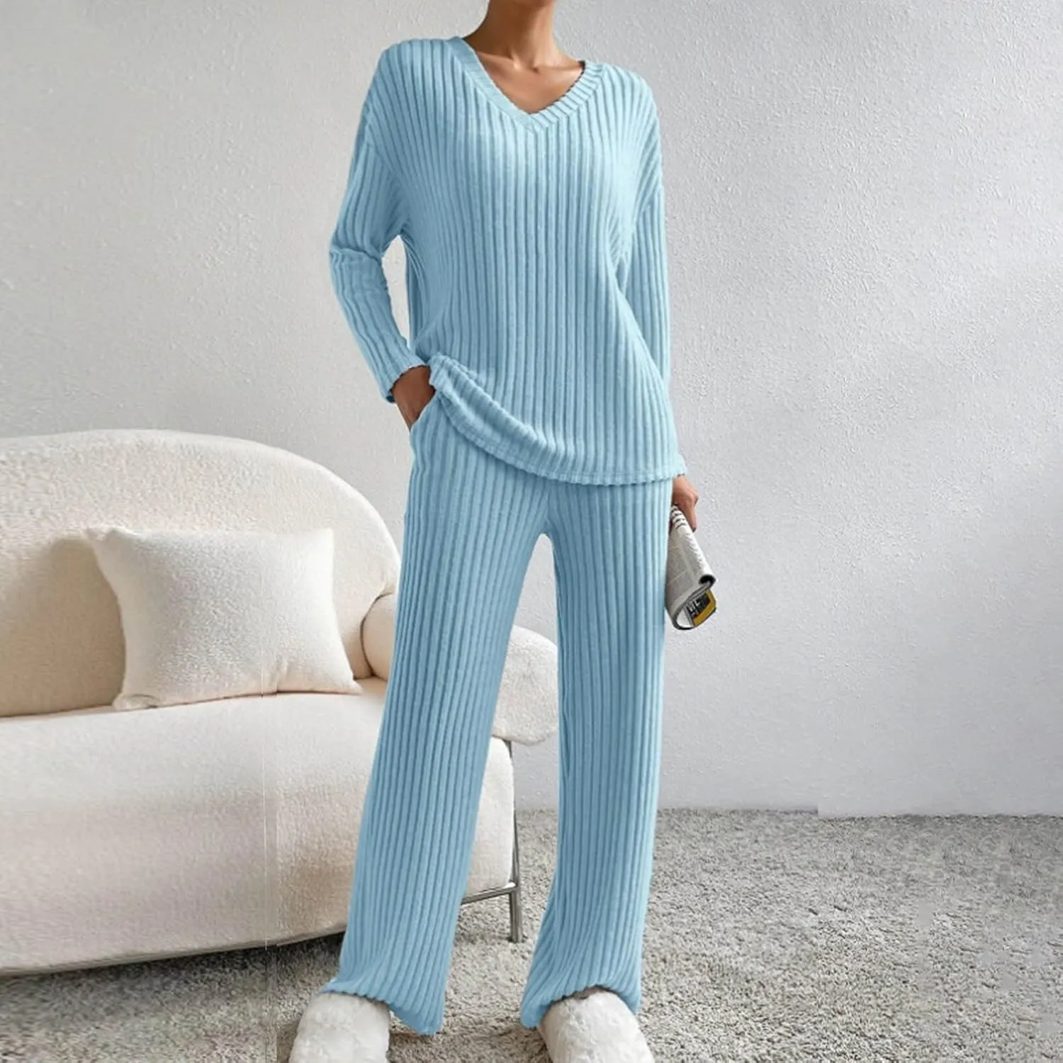 Womens Ribbed Knit Pajama Sets 2 Piece Long Sleeve Top and Long Pants Loungewear Outfits Soft Sleepwear Matching Sets