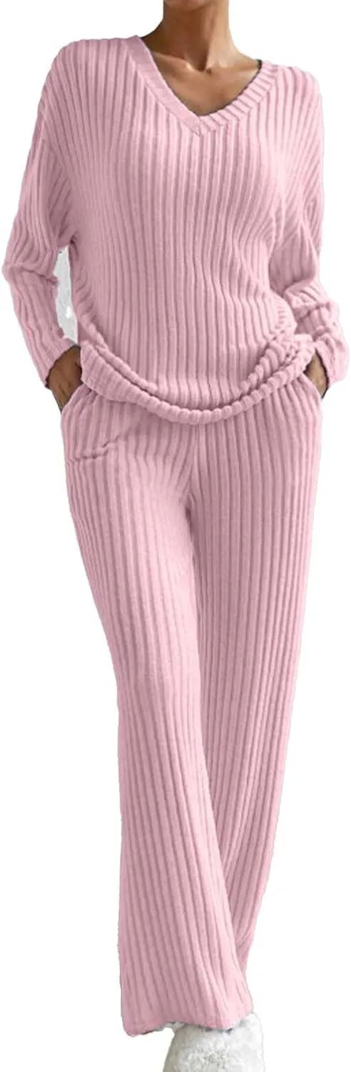 Womens Ribbed Knit Pajama Sets 2 Piece Long Sleeve Top and Long Pants Loungewear Outfits Soft Sleepwear Matching Sets