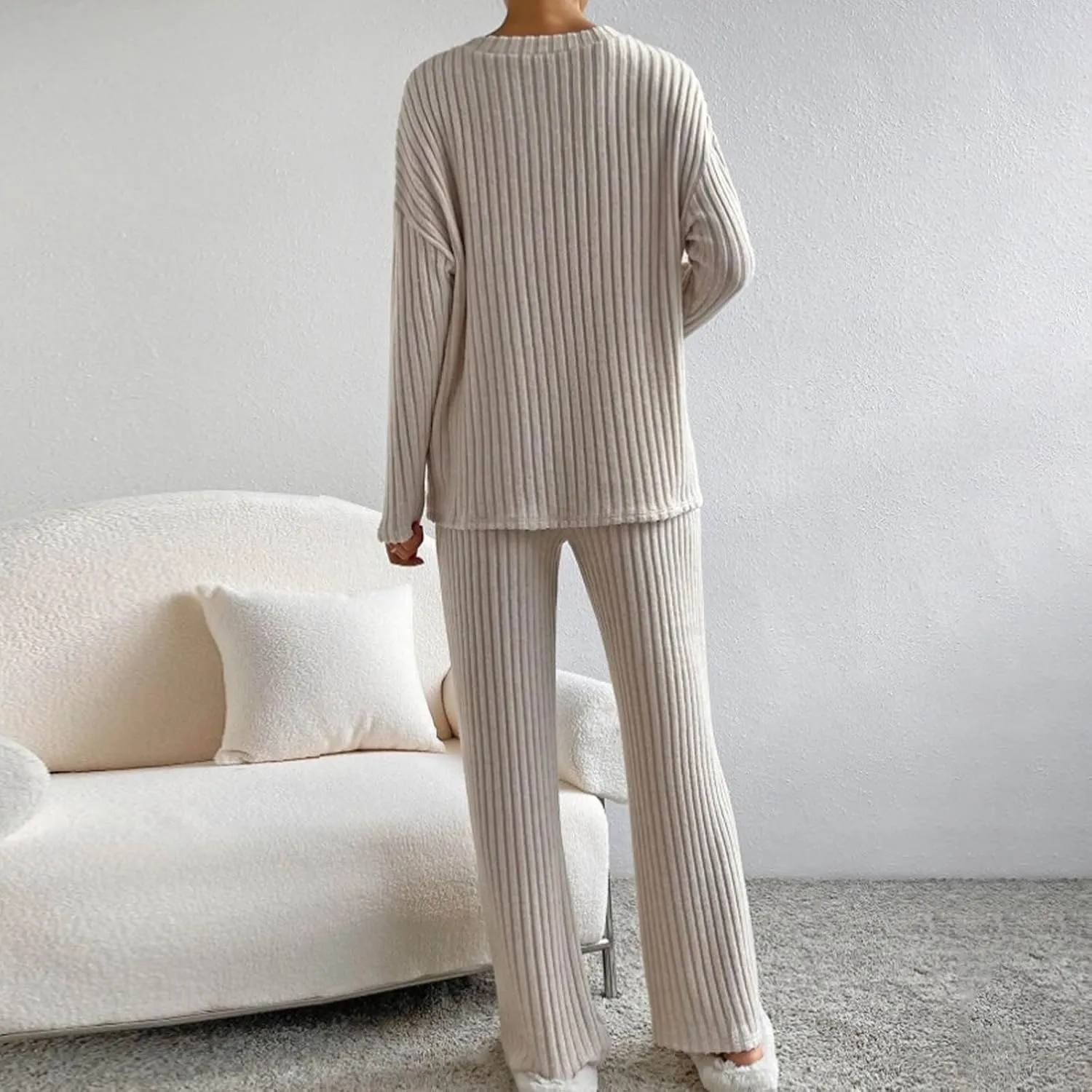 Womens Ribbed Knit Pajama Sets 2 Piece Long Sleeve Top and Long Pants Loungewear Outfits Soft Sleepwear Matching Sets