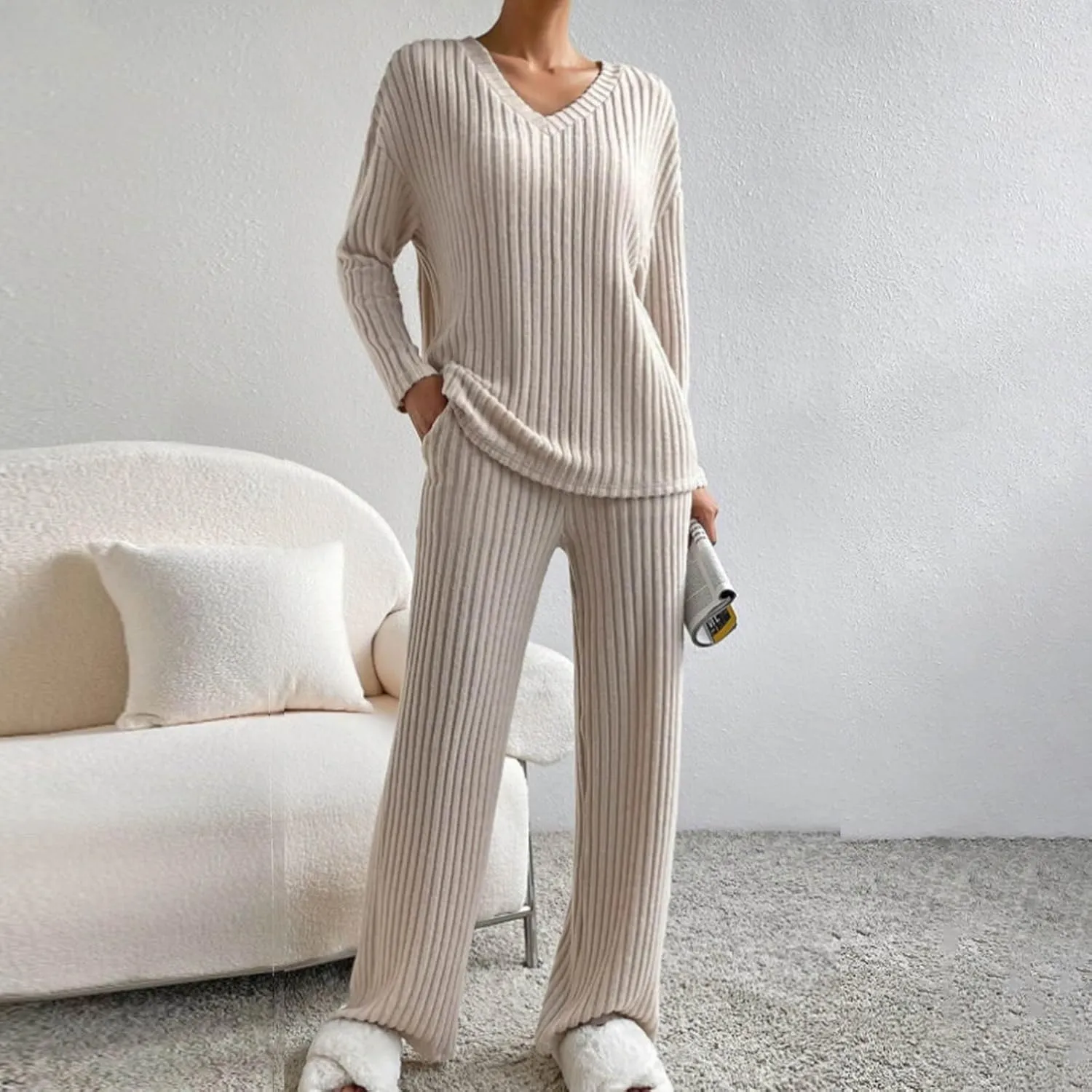 Womens Ribbed Knit Pajama Sets 2 Piece Long Sleeve Top and Long Pants Loungewear Outfits Soft Sleepwear Matching Sets