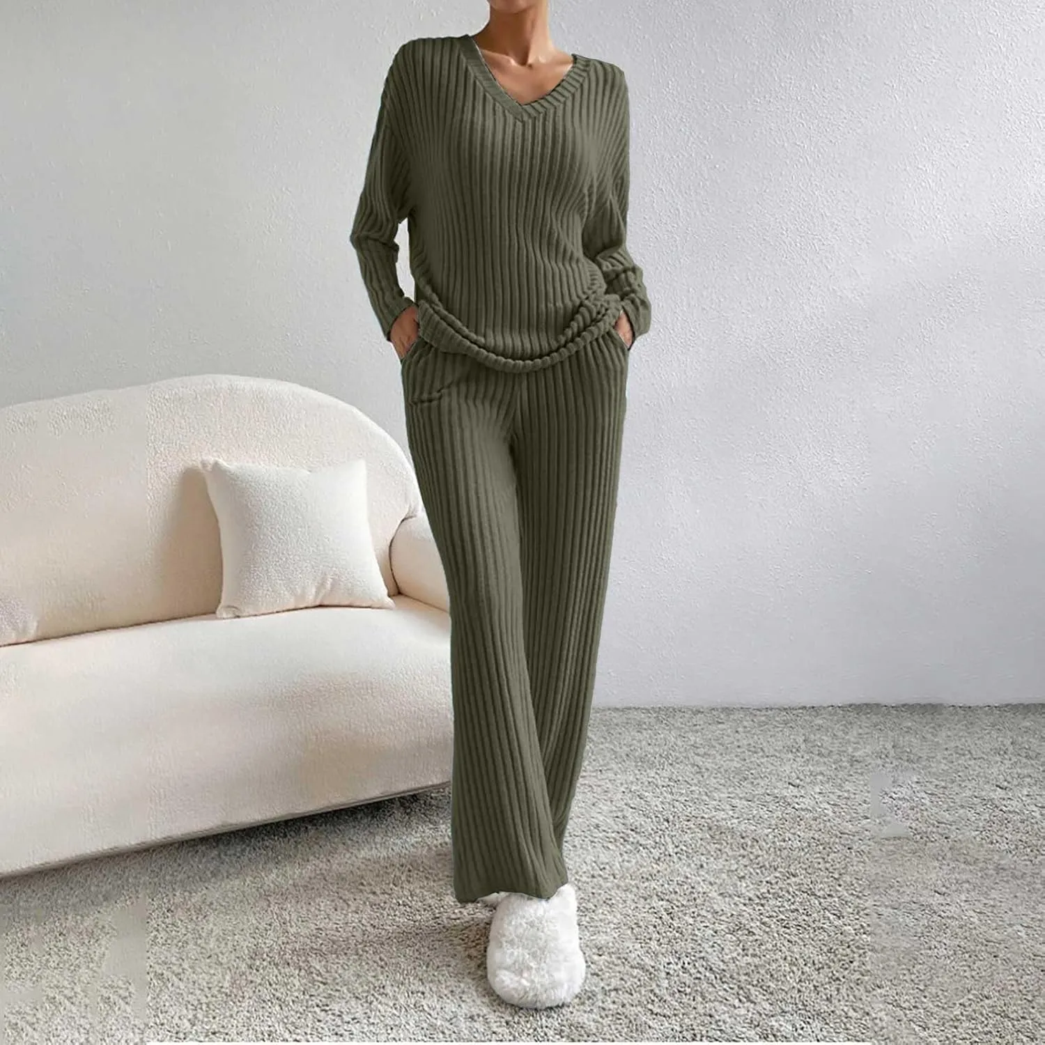 Womens Ribbed Knit Pajama Sets 2 Piece Long Sleeve Top and Long Pants Loungewear Outfits Soft Sleepwear Matching Sets