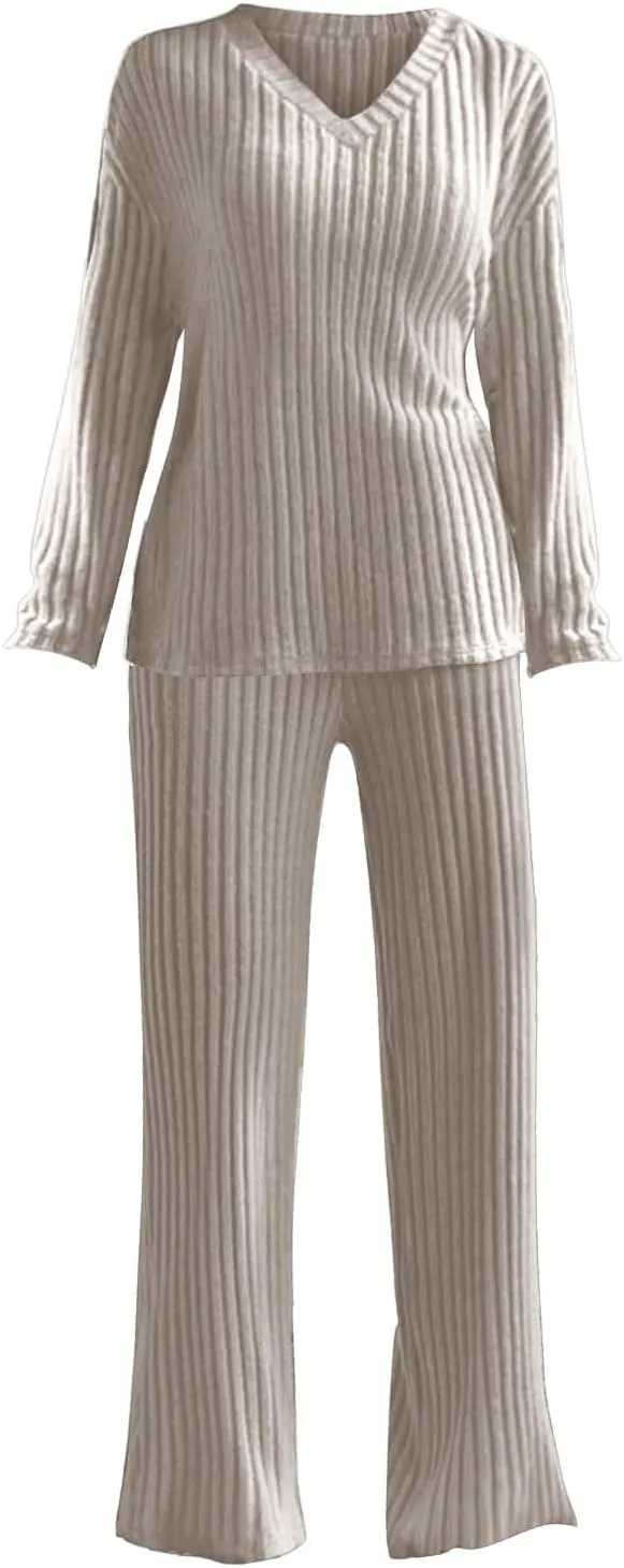 Womens Ribbed Knit Pajama Sets 2 Piece Long Sleeve Top and Long Pants Loungewear Outfits Soft Sleepwear Matching Sets