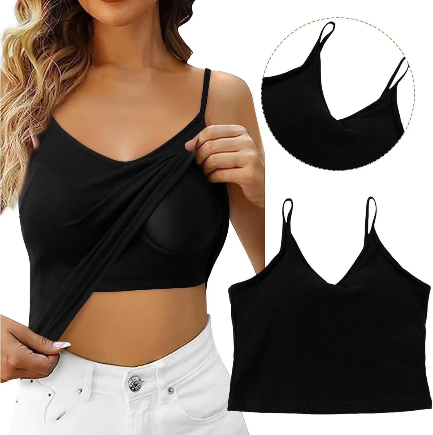 Womens Ribbed Workout Camisoles Built-In Bra Yoga Tanks with Breathable Stretch Convertible Spaghetti Strap Tops