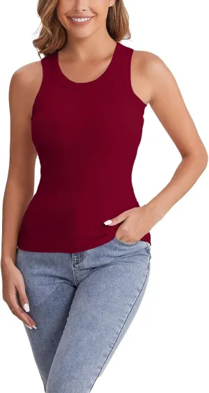 Womens Shelf Bra Tank Tops Racerback Workout Summer Round Neck Solid Camis Yoga Shirt Gym Outfits Layering Undershirt