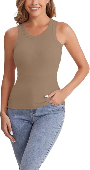 Womens Shelf Bra Tank Tops Racerback Workout Summer Round Neck Solid Camis Yoga Shirt Gym Outfits Layering Undershirt