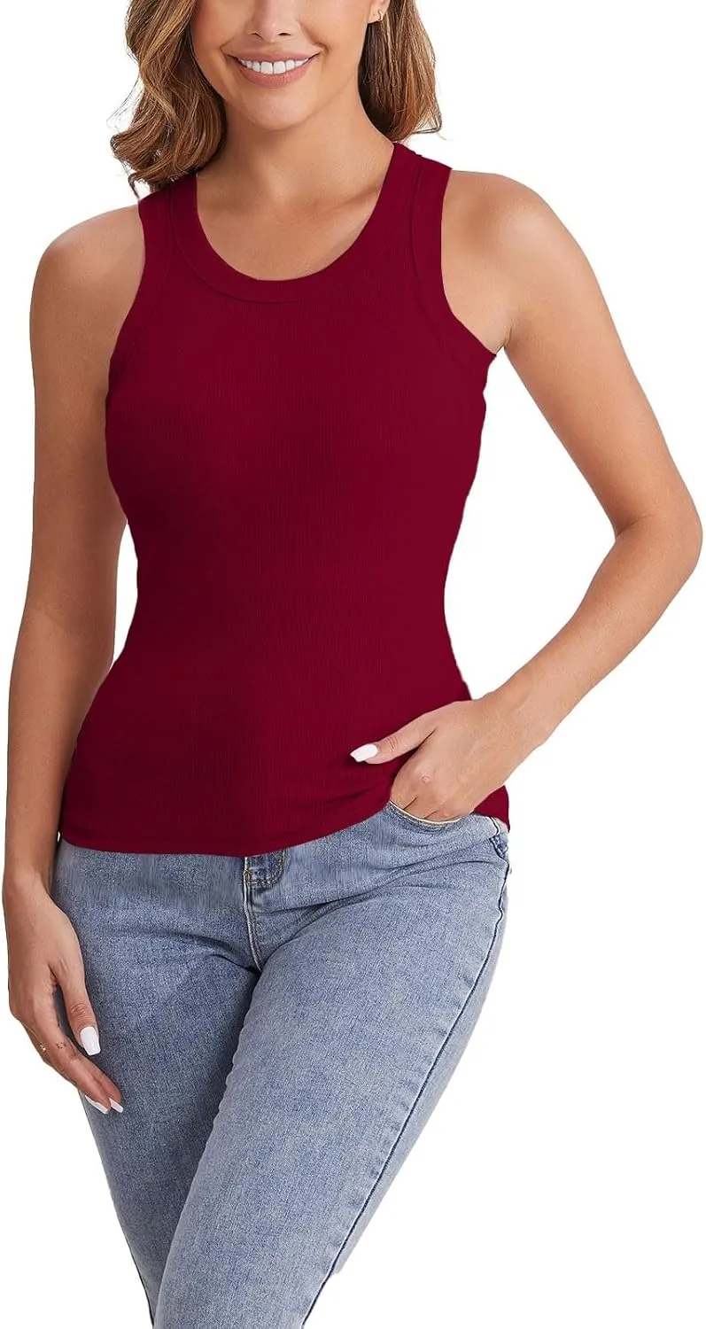 Womens Shelf Bra Tank Tops Racerback Workout Summer Round Neck Solid Camis Yoga Shirt Gym Outfits Layering Undershirt