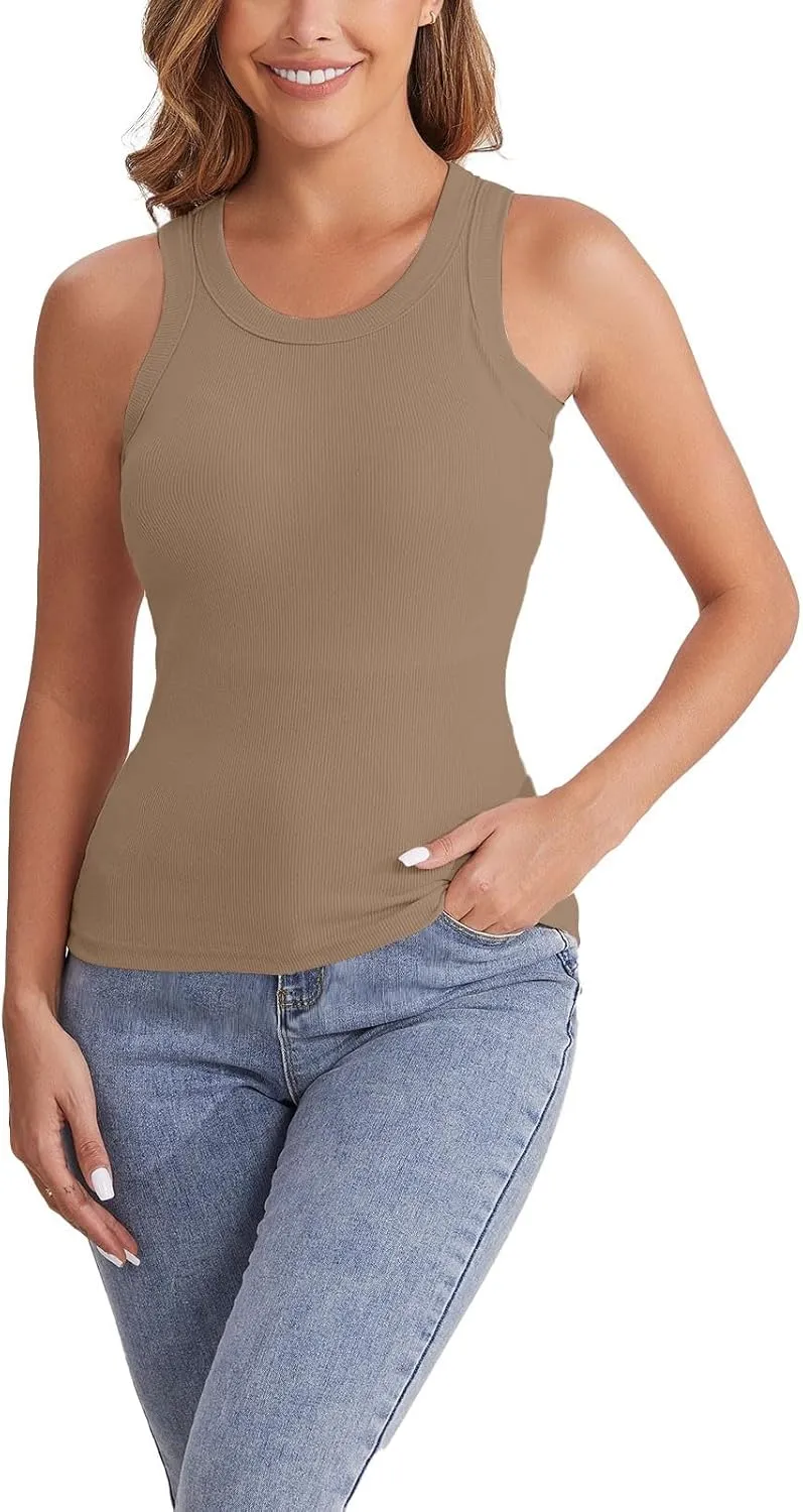 Womens Shelf Bra Tank Tops Racerback Workout Summer Round Neck Solid Camis Yoga Shirt Gym Outfits Layering Undershirt