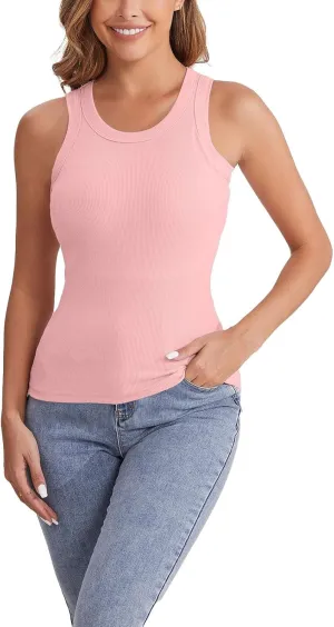 Womens Shelf Bra Tank Tops Racerback Workout Summer Round Neck Solid Camis Yoga Shirt Gym Outfits Layering Undershirt