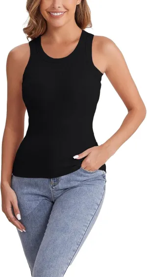 Womens Shelf Bra Tank Tops Summer Round Neck Solid Camis Racerback Workout Yoga Gym Outfits Layering Undershirt