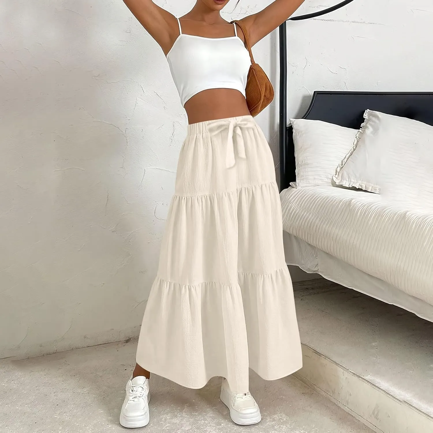 Womens Summer Boho Flowy Ruffle Swing Tiered A-Line Maxi Skirt 2025 Fashion Trendy Elastic Waist Pleated Long Beach Dress