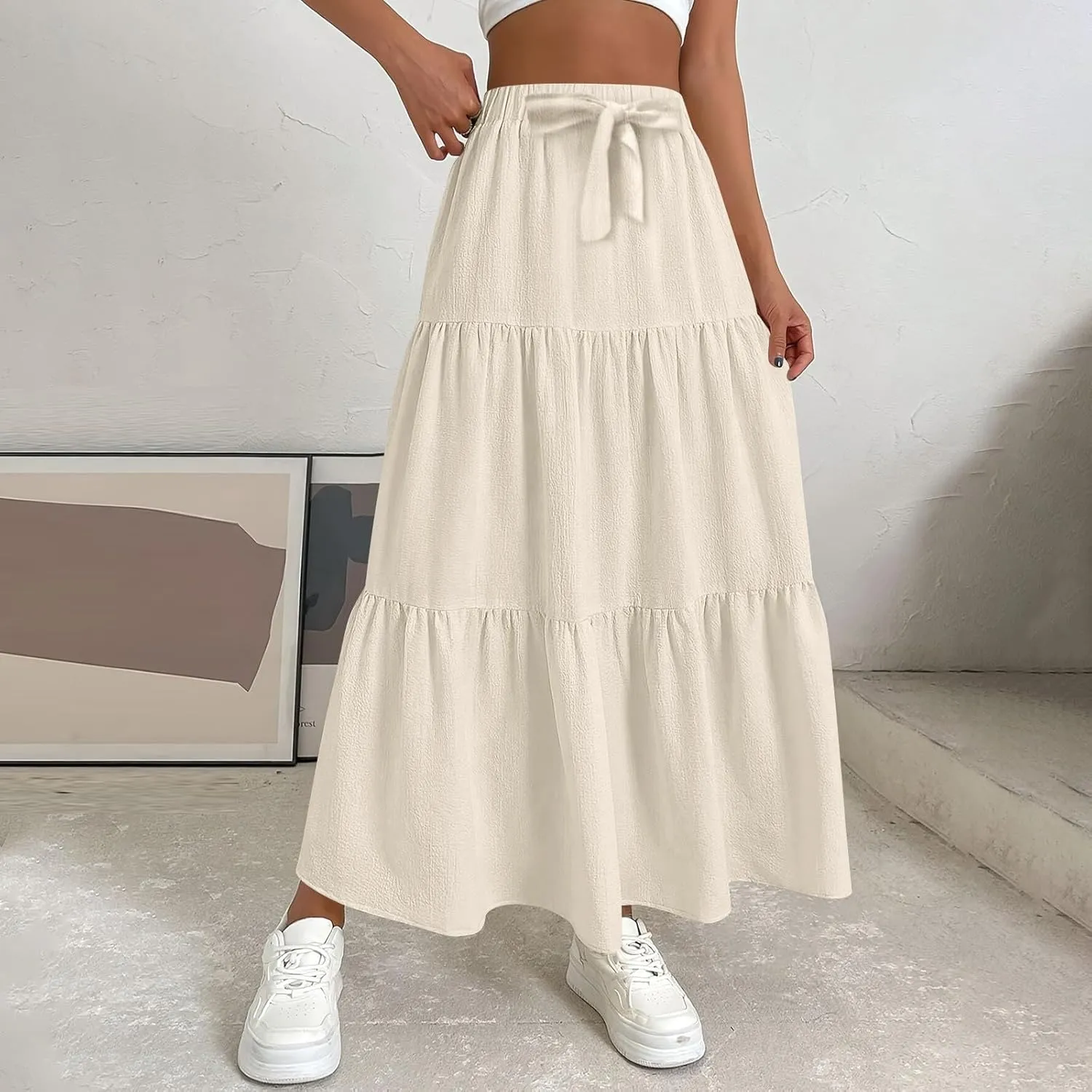 Womens Summer Boho Flowy Ruffle Swing Tiered A-Line Maxi Skirt 2025 Fashion Trendy Elastic Waist Pleated Long Beach Dress
