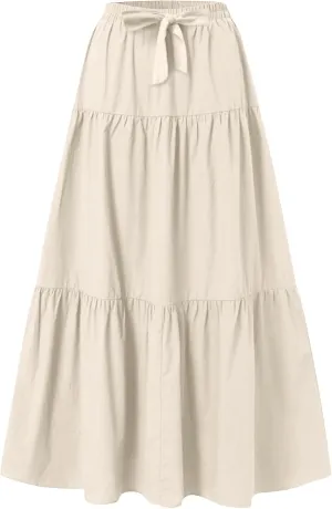 Womens Summer Boho Flowy Ruffle Swing Tiered A-Line Maxi Skirt 2025 Fashion Trendy Elastic Waist Pleated Long Beach Dress