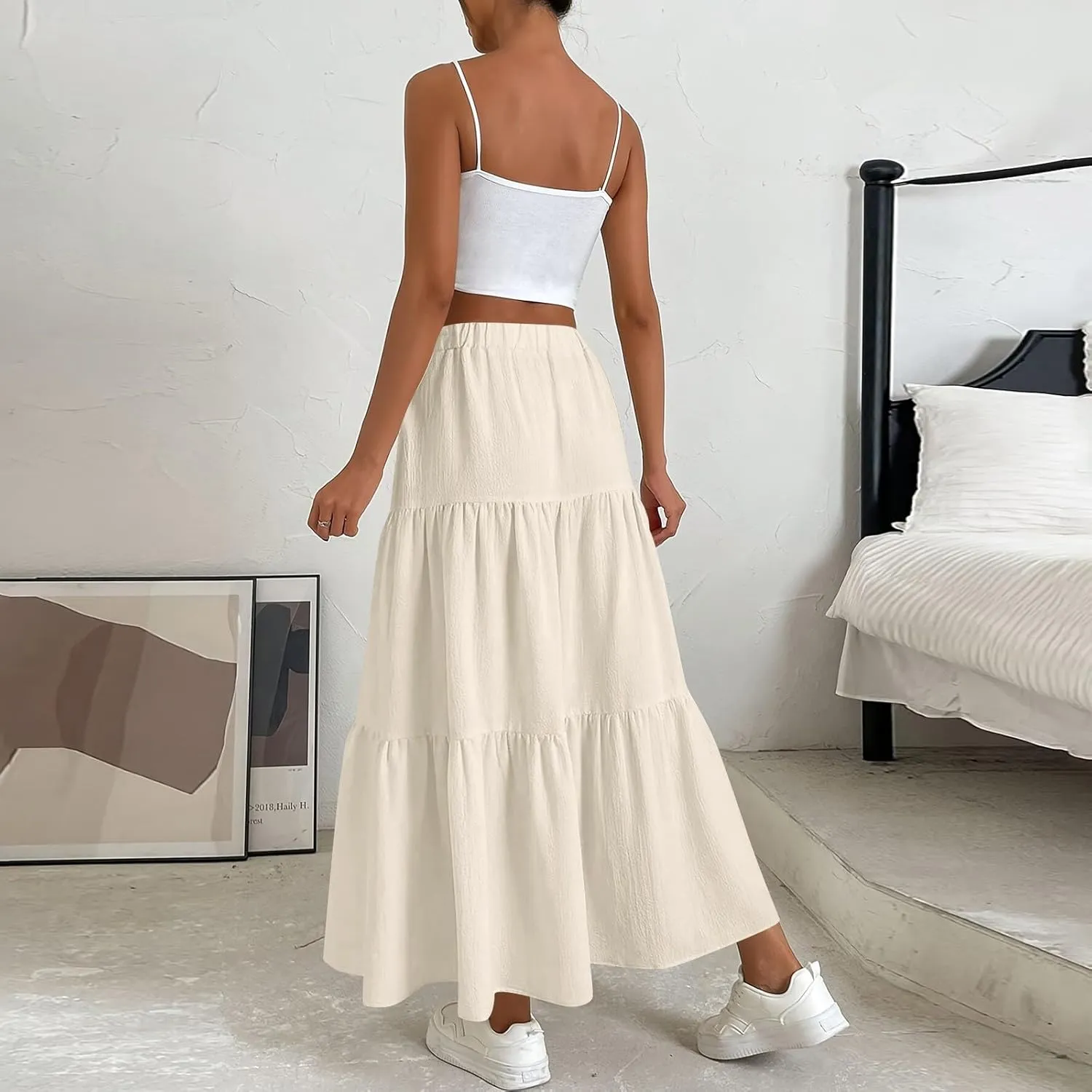 Womens Summer Boho Flowy Ruffle Swing Tiered A-Line Maxi Skirt 2025 Fashion Trendy Elastic Waist Pleated Long Beach Dress