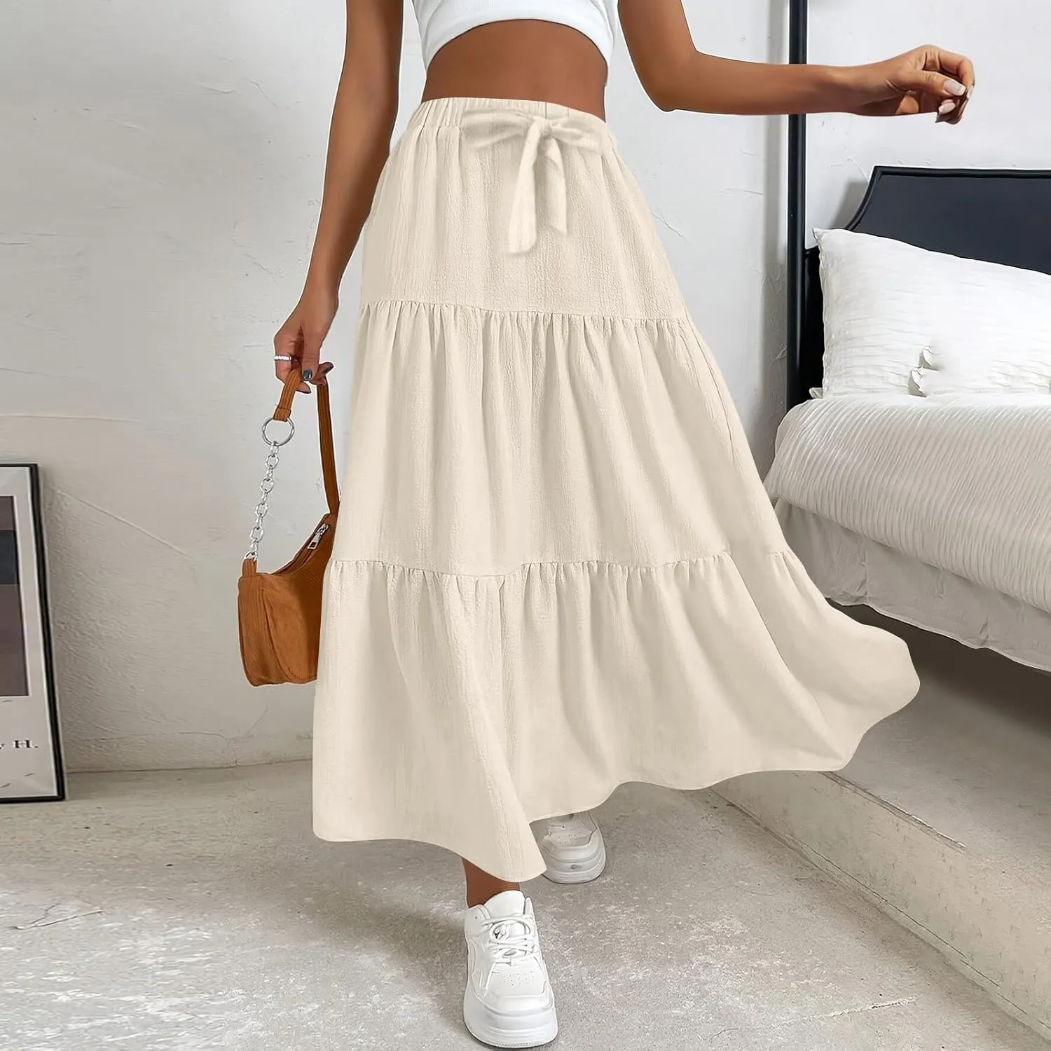 Womens Summer Boho Flowy Ruffle Swing Tiered A-Line Maxi Skirt 2025 Fashion Trendy Elastic Waist Pleated Long Beach Dress