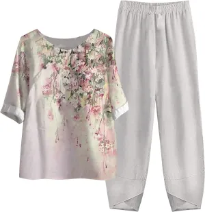 Womens Summer Linen Sets 2 Piece Lounge Sets Half Sleeve T Shirts with Cotton Linen Pants Plus Size Vacation Outfits